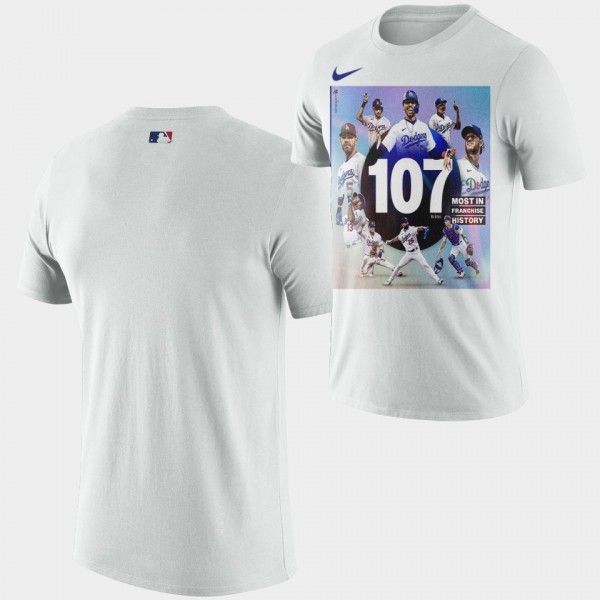 Los Angeles Dodgers 107 Wins Most Wins In Dodgers History White T-Shirt