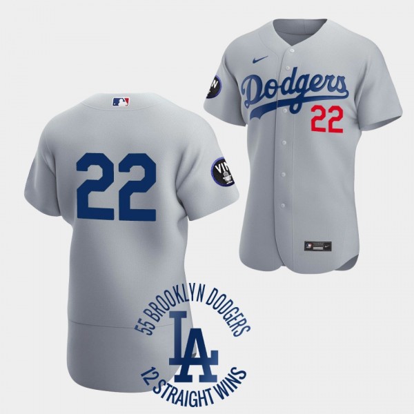 Brooklyn Dodgers Gray 1955 Throwback Dominant #22 Clayton Kershaw Jersey 12th Straight Win