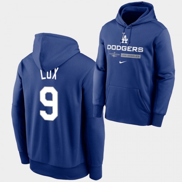 #9 Gavin Lux 2022 Postseason Los Angeles Dodgers Authentic Collection Dugout Pullover Royal Hoodie