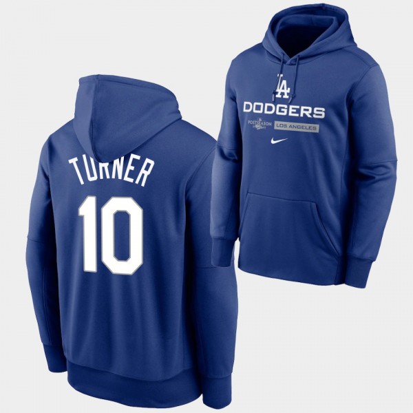 #10 Justin Turner 2022 Postseason Los Angeles Dodgers Authentic Collection Dugout Pullover Royal Hoodie