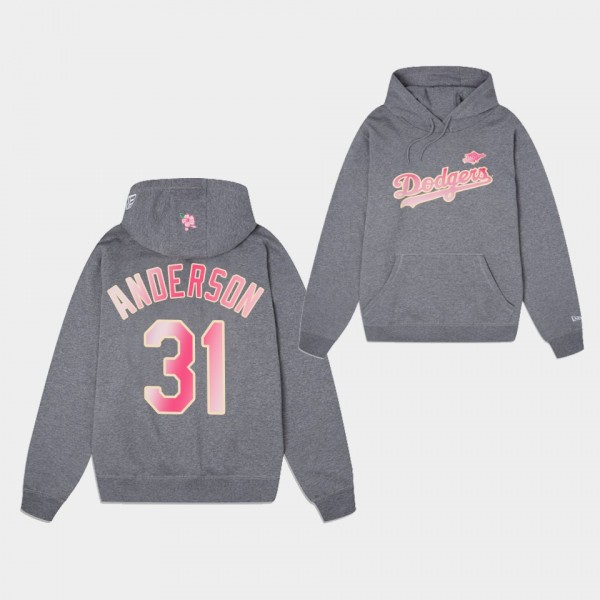LA Dodgers #31 Tyler Anderson Gray Blossoms Hoodie...