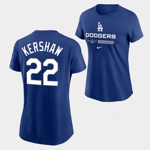 Women's Clayton Kershaw #22 Los Angeles Dodgers 2022 Postseason Royal Authentic Collection Dugout T-Shirt