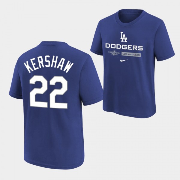 Youth Clayton Kershaw #22 Los Angeles Dodgers 2022 Postseason Royal Authentic Collection Dugout T-Shirt