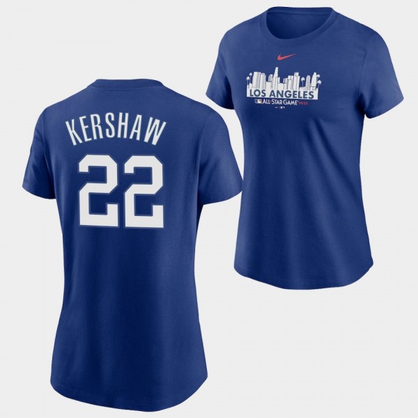 Clayton Kershaw #22 2022 MLB All-Star Game Los Angeles Dodgers Women's Royal City Skyline T-Shirt