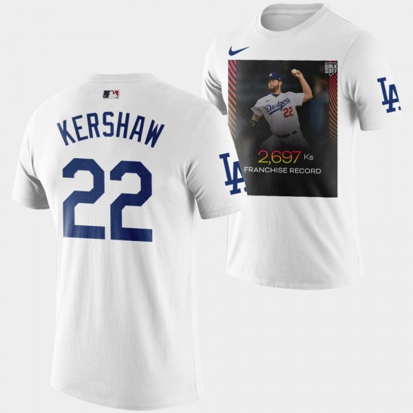 Clayton Kershaw Los Angeles Dodgers Franchise Strikeout Record 2,697 ks White T-Shirt