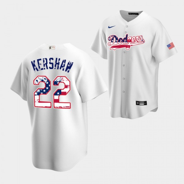 #22 Clayton Kershaw 2022 4th of July Los Angeles Dodgers Independence Day White Replica Jersey