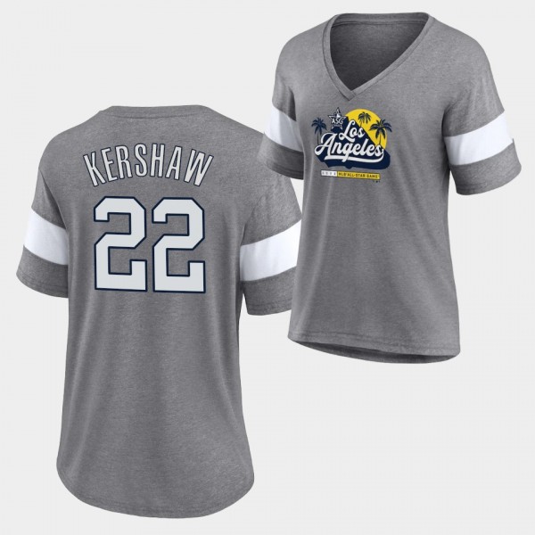 Clayton Kershaw #22 2022 MLB All-Star Game Los Angeles Dodgers Women's Gray Sunset Script T-Shirt