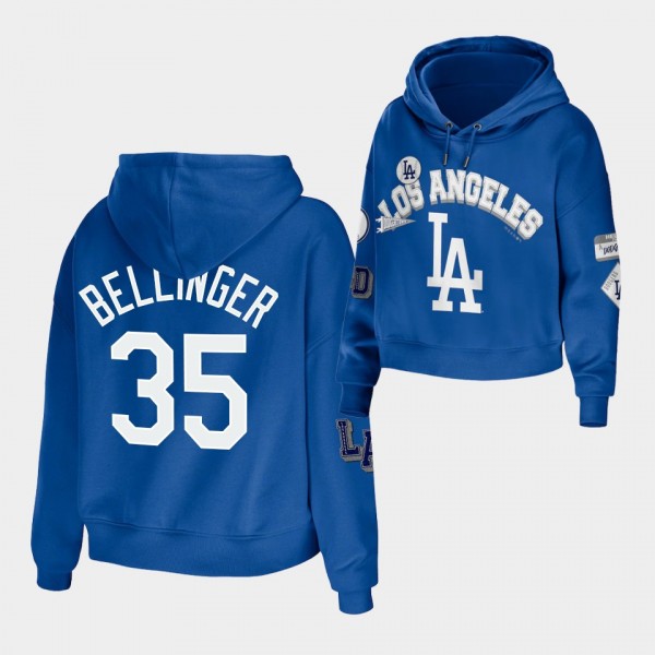 LA Dodgers Women's Plus Size Patches #35 Cody Bellinger Cropped Pullover Hoodie - Royal
