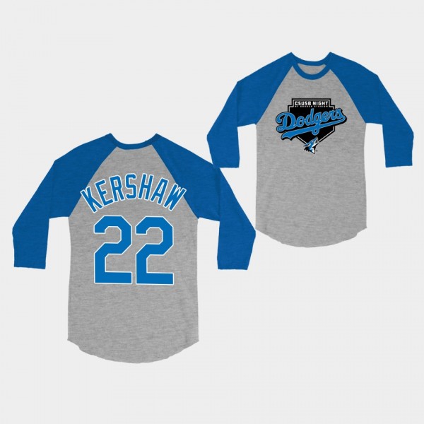 LA Dodgers CSU San Bernardino Day Gray Royal Clayton Kershaw #22 Long Sleeve T-Shirt