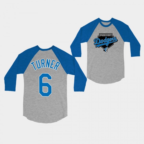 LA Dodgers CSU San Bernardino Day Gray Royal Trea Turner #6 Long Sleeve T-Shirt