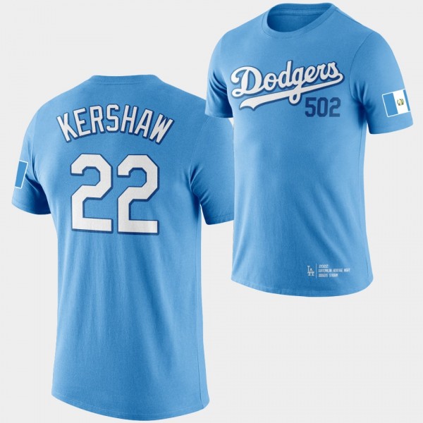 Los Angeles Dodgers 2022 Guatemalan Heritage Night Clayton Kershaw Dodger Stadium T-Shirt - Blue
