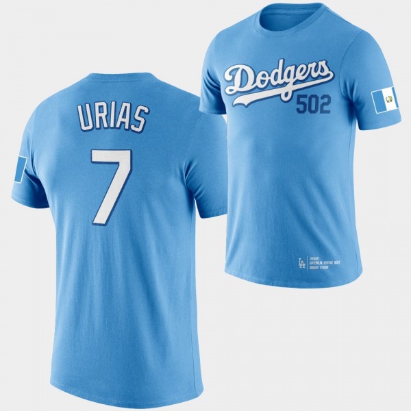 Los Angeles Dodgers 2022 Guatemalan Heritage Night Julio Urias Dodger Stadium T-Shirt - Blue