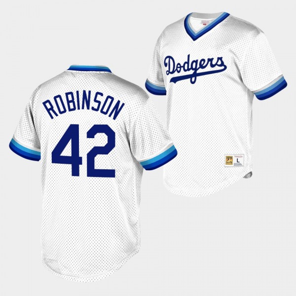 Los Angeles Dodgers Jackie Robinson #42 Cooperstown Collection White Mesh Wordmark V-Neck Jersey