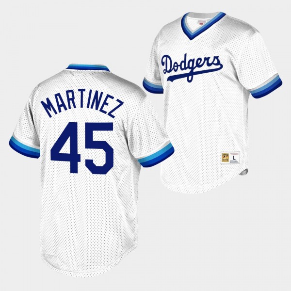 Los Angeles Dodgers Pedro Martinez #45 Cooperstown Collection White Mesh Wordmark V-Neck Jersey