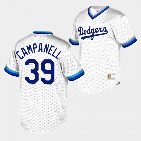 Los Angeles Dodgers Roy Campanella #39 Cooperstown Collection White Mesh Wordmark V-Neck Jersey