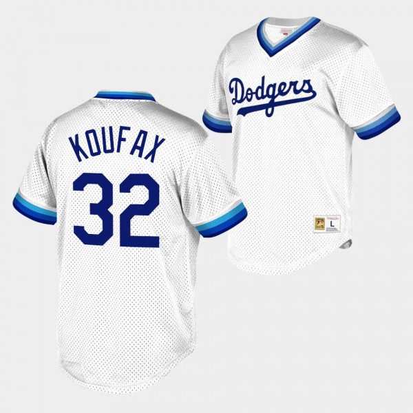 Los Angeles Dodgers Sandy Koufax #32 Cooperstown Collection White Mesh Wordmark V-Neck Jersey