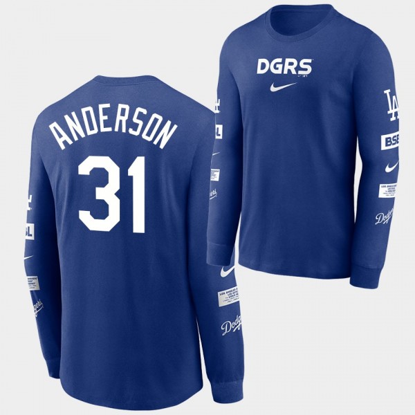 LA Dodgers Double Header Blue Tyler Anderson #31 Long Sleeve T-Shirt