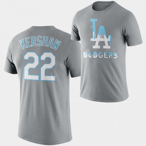 Clayton Kershaw #22 Drip Logo Los Angeles Dodgers T-Shirt - Gray