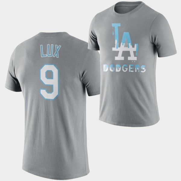 Gavin Lux #9 Drip Logo Los Angeles Dodgers T-Shirt - Gray