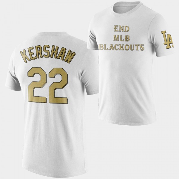 Clayton Kershaw #22 End Blackouts Los Angeles Dodgers T-Shirt - White