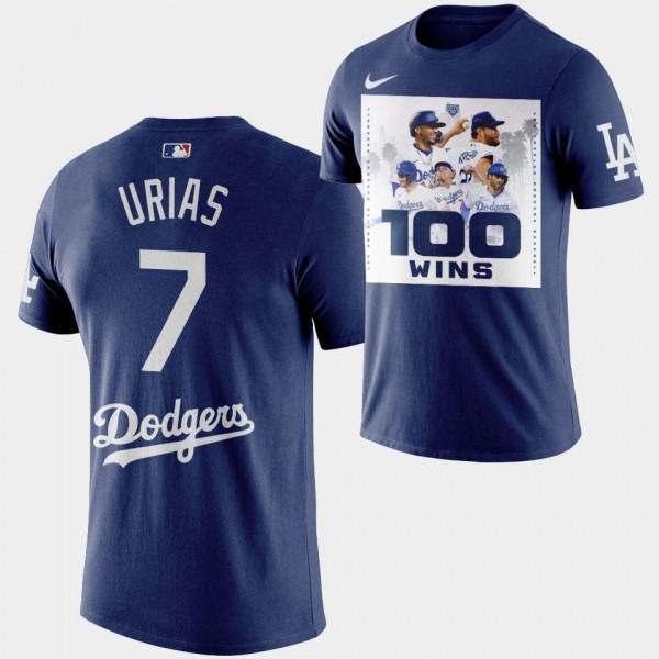 Los Angeles Dodgers 2022 First To 100 Wins Julio Urias T-Shirt - Royal