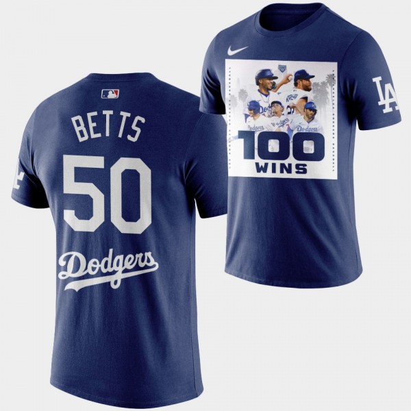 Los Angeles Dodgers 2022 First To 100 Wins Mookie Betts T-Shirt - Royal
