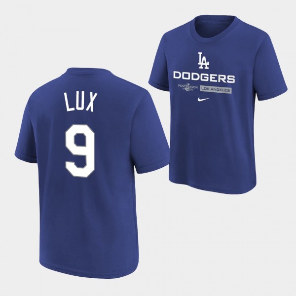 Youth Gavin Lux #9 Los Angeles Dodgers 2022 Postseason Royal Authentic Collection Dugout T-Shirt