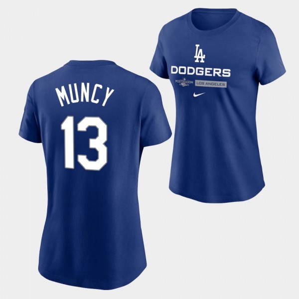 Women's Max Muncy #13 Los Angeles Dodgers 2022 Postseason Royal Authentic Collection Dugout T-Shirt