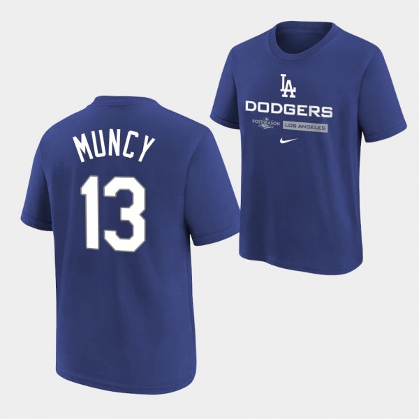 Youth Max Muncy #13 Los Angeles Dodgers 2022 Postseason Royal Authentic Collection Dugout T-Shirt