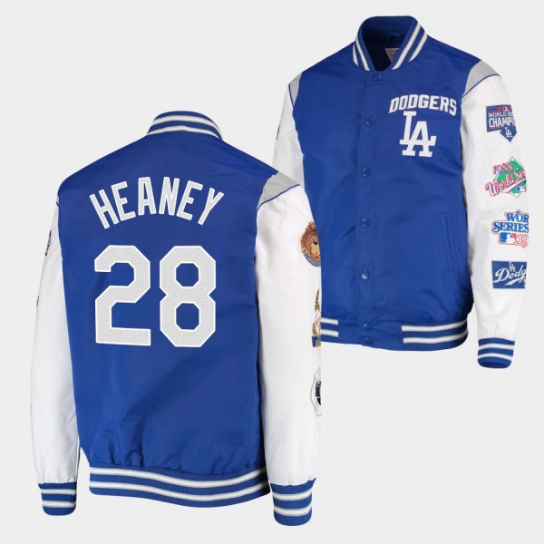 Men's Andrew Heaney Los Angeles Dodgers Commemorative 7X World Champions Full-Snap Royal Gray Jacket