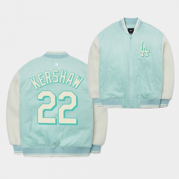 Men's Los Angeles Dodgers #22 Clayton Kershaw Corduroy Baseball Jumper Jacket - Green
