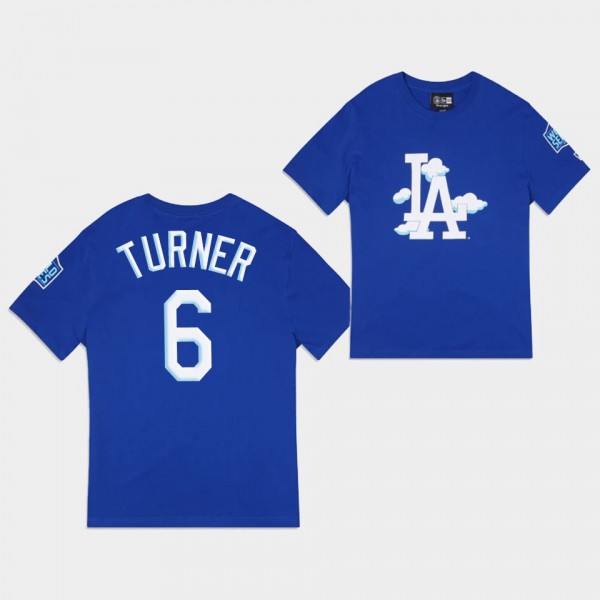 Men's LA Dodgers Clouds #6 Trea Turner Royal T-Shi...