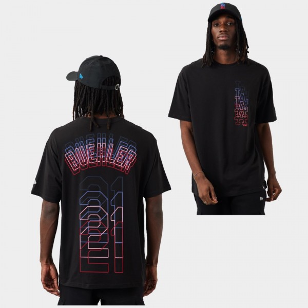 Men's Dodgers #21 Walker Buehler Black Stack Logo Oversized T-Shirt