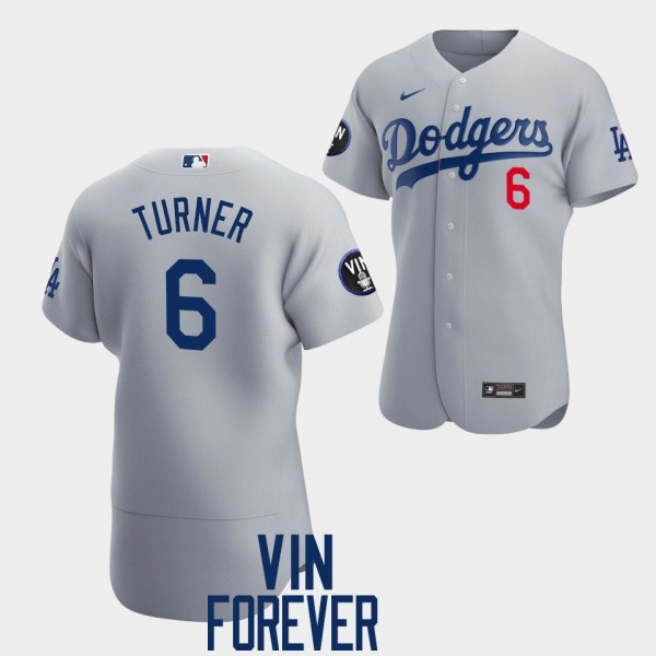#6 Trea Turner Los Angeles Dodgers Authentic Patch Honor Vin Scully 2022 Jersey - Gray