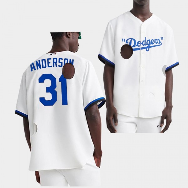 Men's White Los Angeles Dodgers #31 Tyler Anderson Jersey Meteor Holes