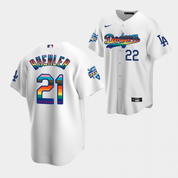 Men's Los Angeles Dodgers Walker Buehler #21 LGBTQ 2022 Pride Night White Replica Jersey