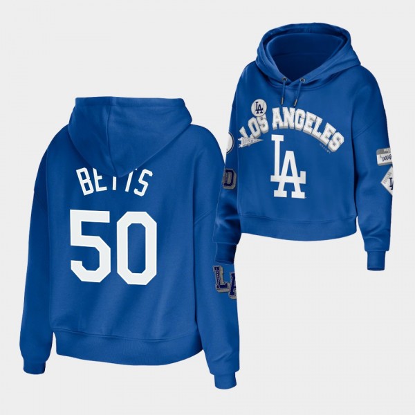 LA Dodgers Women's Plus Size Patches #50 Mookie Betts Cropped Pullover Hoodie - Royal