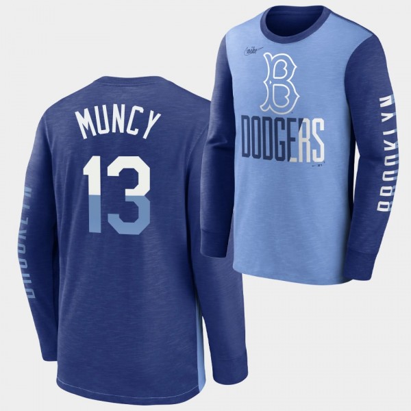 Brooklyn Dodgers Cooperstown #13 Max Muncy Royal Rewind Splitter Long Sleeve T-Shirt
