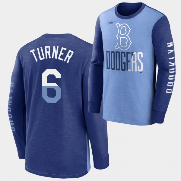 Brooklyn Dodgers Cooperstown #6 Trea Turner Royal Rewind Splitter Long Sleeve T-Shirt