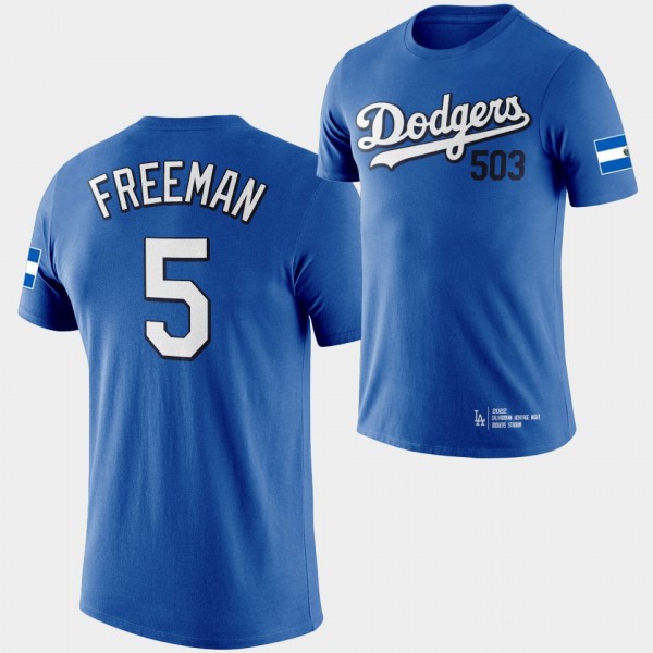 Los Angeles Dodgers 2022 Salvadoran Heritage Night Freddie Freeman T-Shirt - Royal