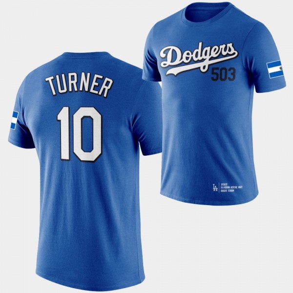 Los Angeles Dodgers 2022 Salvadoran Heritage Night Justin Turner T-Shirt - Royal