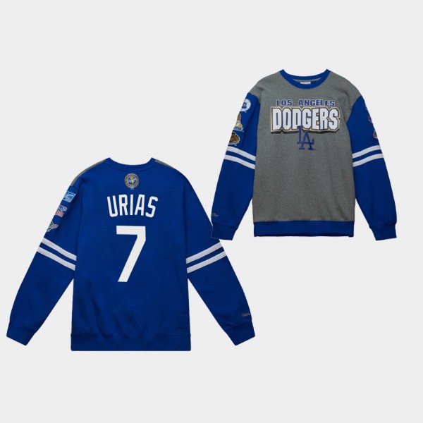Los Angeles Dodgers Long Sleeve #7 Julio Urias Gray Royal Team Logo All Over Crew 2.0 T-Shirt