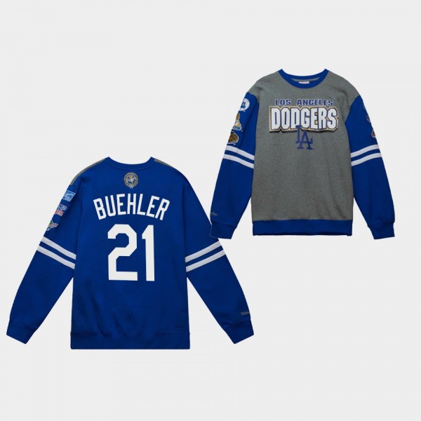 Los Angeles Dodgers Long Sleeve #21 Walker Buehler Gray Royal Team Logo All Over Crew 2.0 T-Shirt