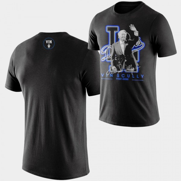 Los Angeles Dodgers Thank You Vin Scully 1927-2022 Signature Black T-Shirt