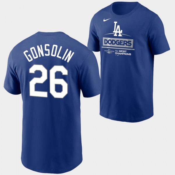 #26 Tony Gonsolin Los Angeles Dodgers 2022 NL West Division Champions T-Shirt - Royal