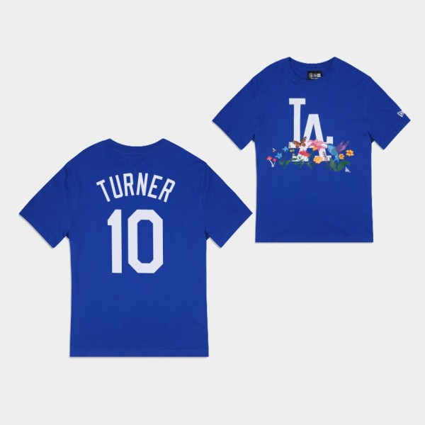 Unisex Dodgers #10 Justin Turner Royal Blooming Flower T-Shirt