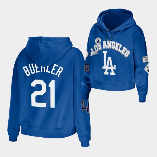 LA Dodgers Women's Plus Size Patches #21 Walker Buehler Cropped Pullover Hoodie - Royal