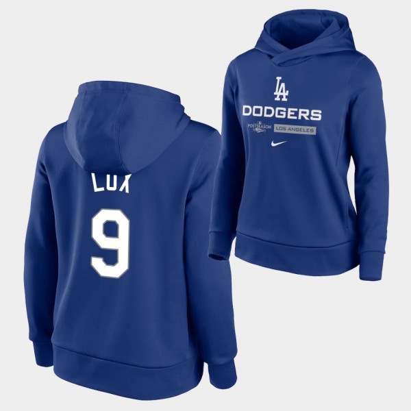 Los Angeles Dodgers Women's #9 Gavin Lux 2022 Postseason Authentic Collection Pullover Royal Hoodie