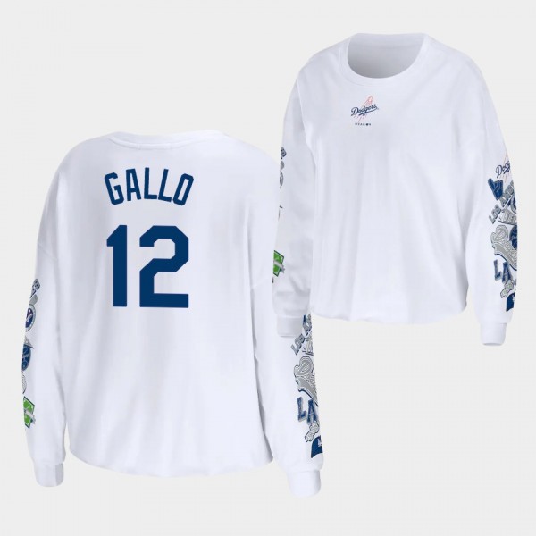Women's LA Dodgers #12 Joey Gallo Celebration Cropped Long Sleeve WEAR by Erin Andrews T-Shirt