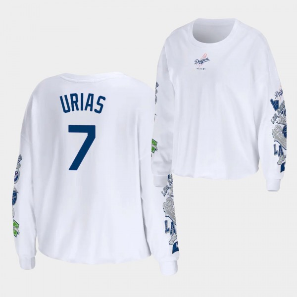 Women's LA Dodgers #7 Julio Urias Celebration Cropped Long Sleeve WEAR by Erin Andrews T-Shirt